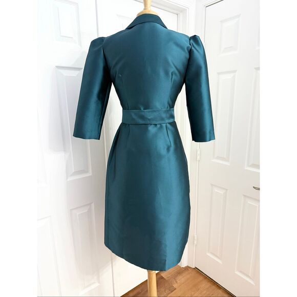 Ecaille Paris Teal 3/4 Sleeve Tie Waist Taffeta Midi A-Line Shirt Dress Size 6 - Picture 4 of 7